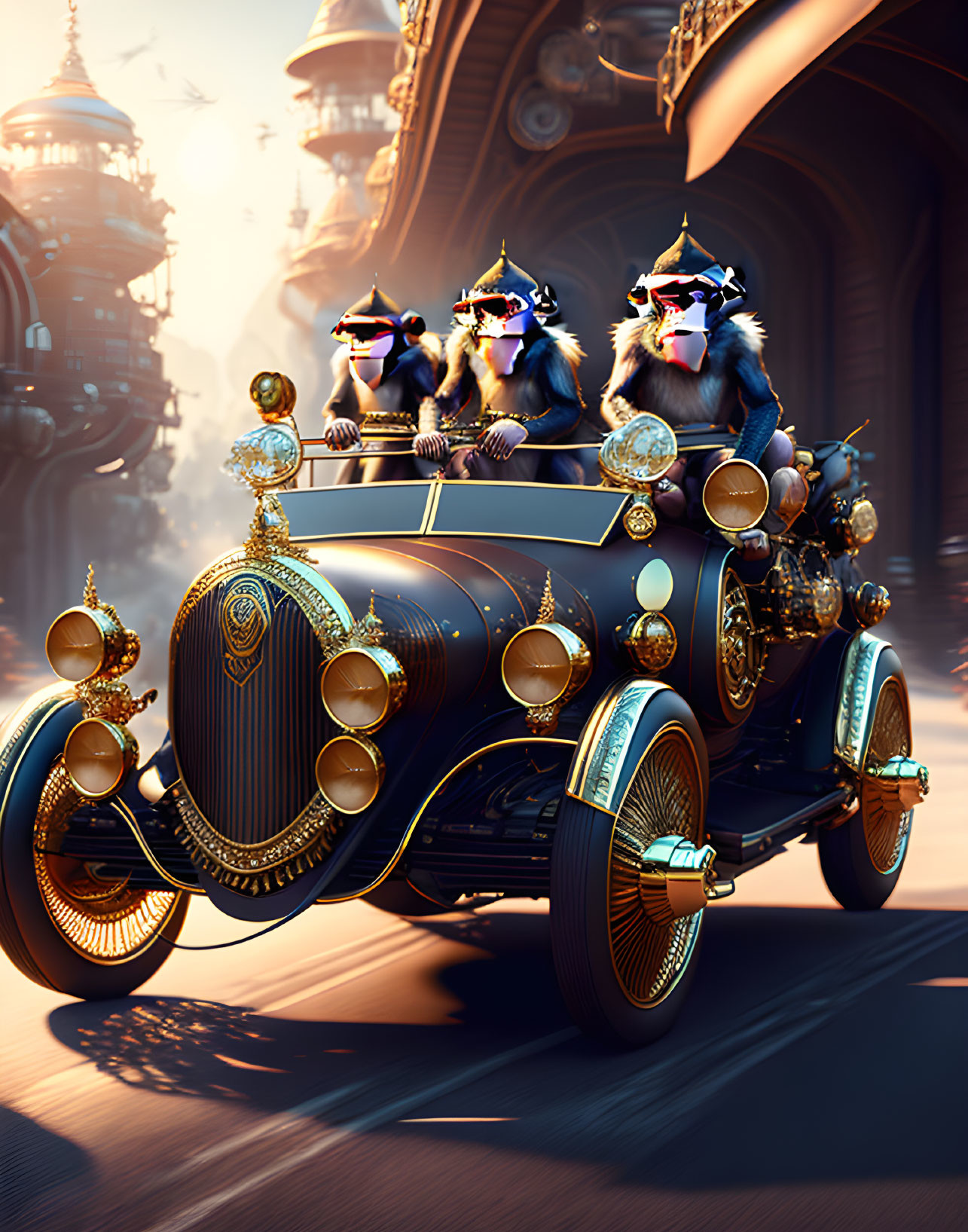 Baboon characters in royal attire drive vintage car through fantastical city