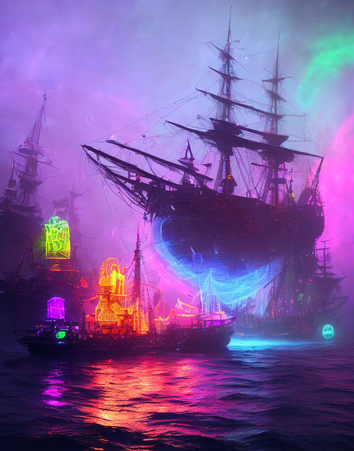 Ghostly Pirate Ships with Neon Outlines in Green Aurora-lit Sky