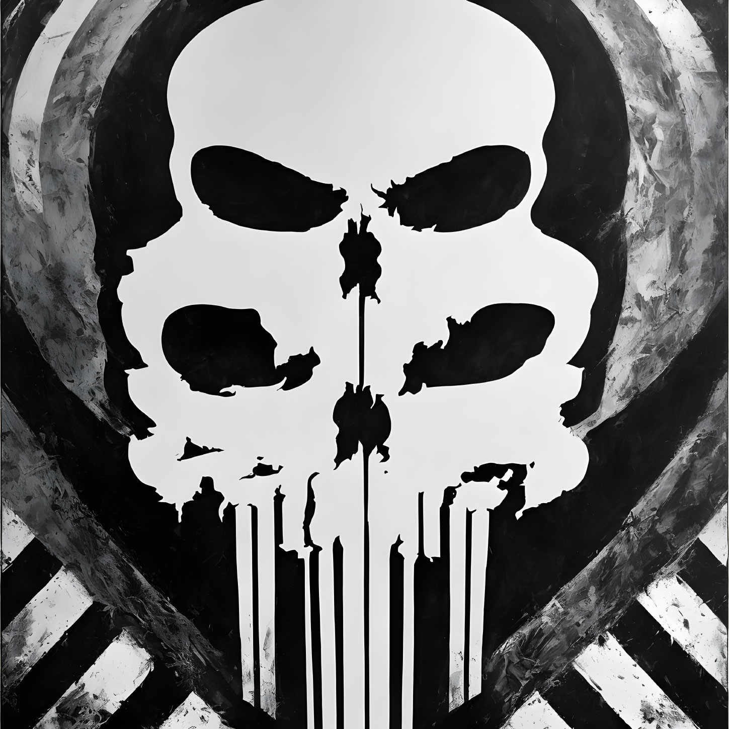 Monochrome skull painting with dripping effect and textured background