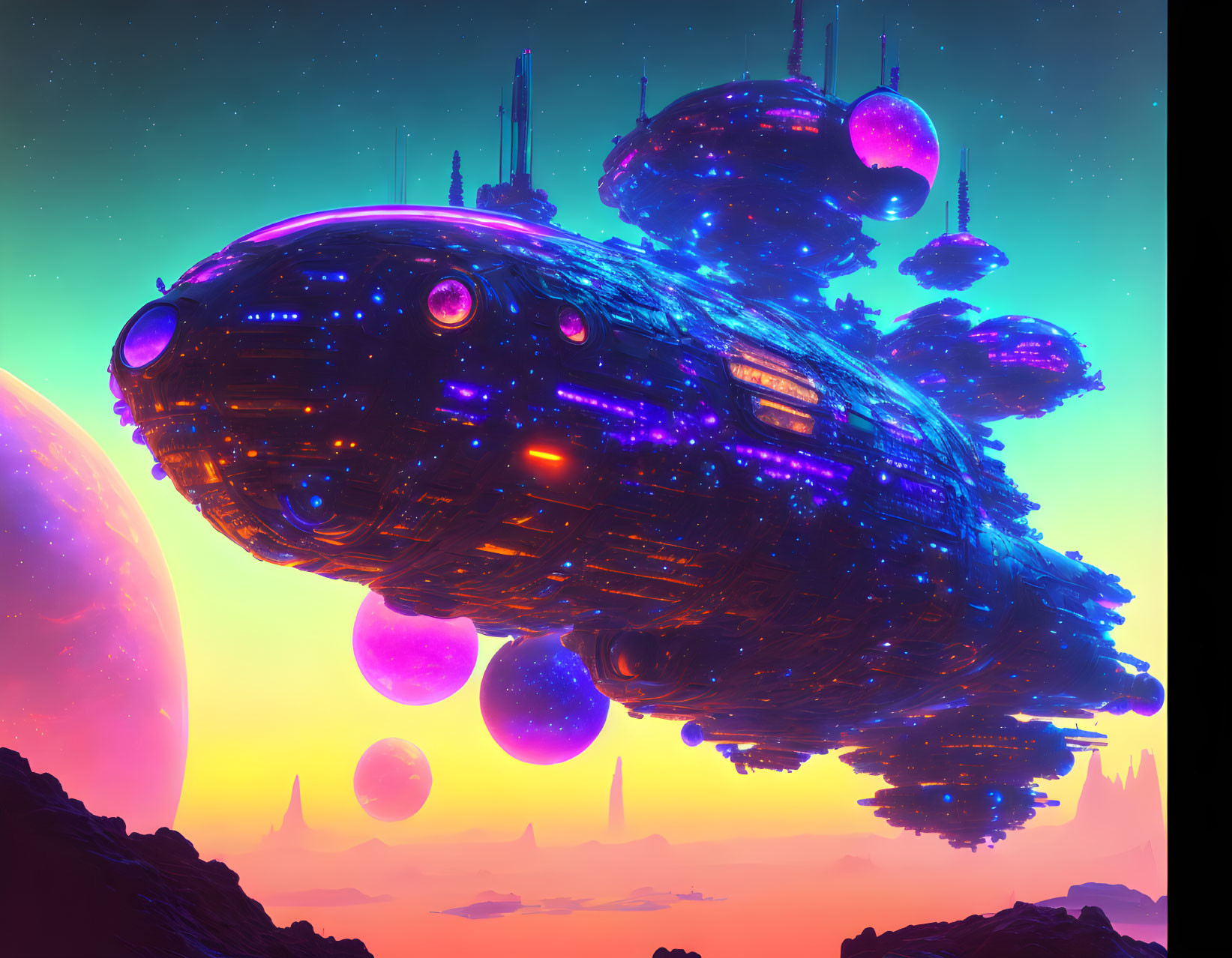 Futuristic sci-fi landscape with floating spaceships and neon sky