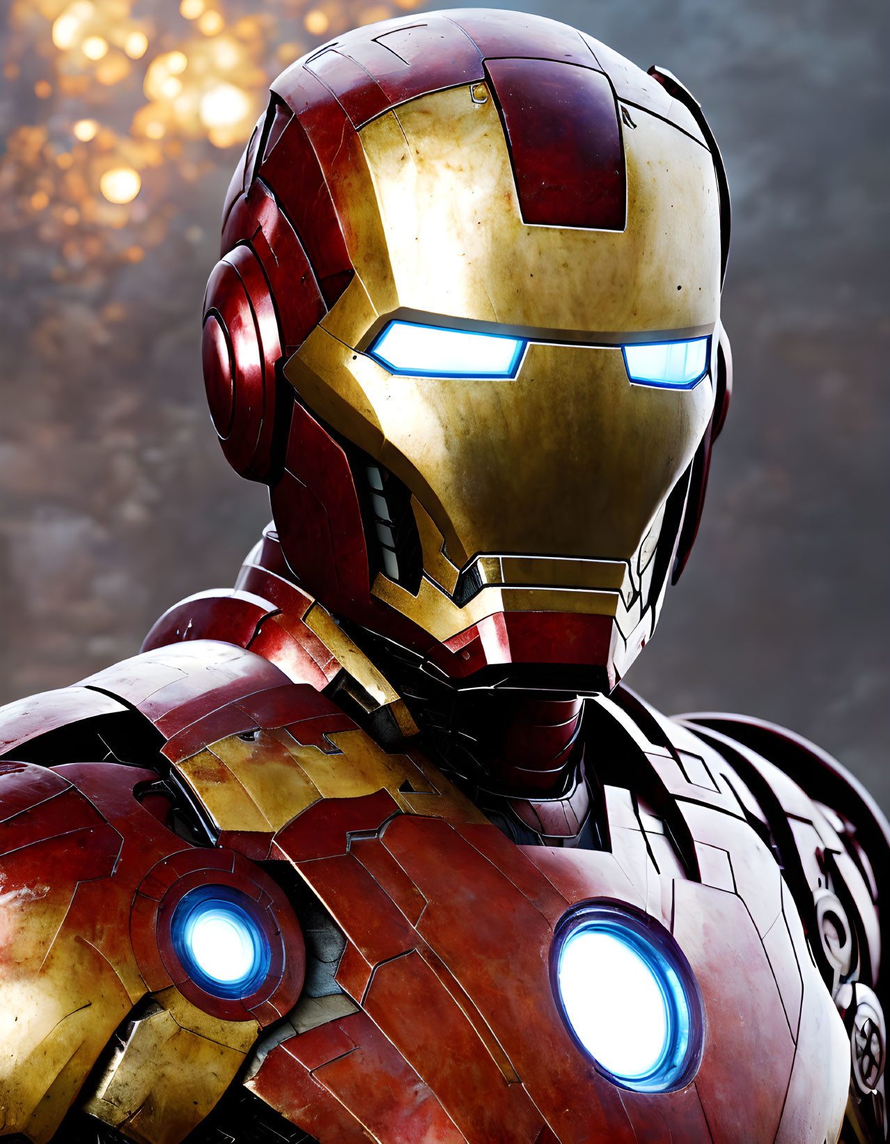 Detailed Iron Man helmet and suit with glowing blue eyes and arc reactor on bokeh background