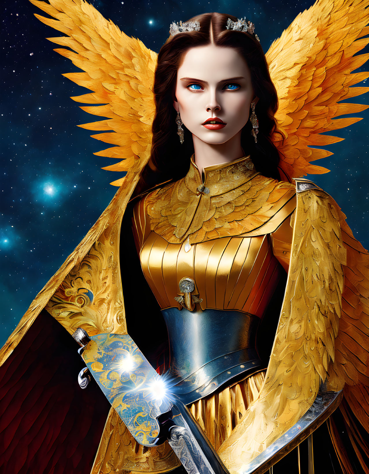 Warrior woman digital artwork: golden wings, armor, glowing sword, starry background