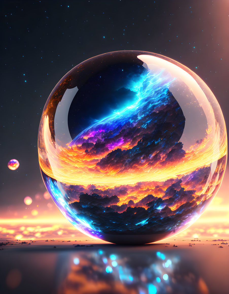 Colorful digital artwork: Large glossy sphere in cosmic landscape with stars, nebulas, and smaller