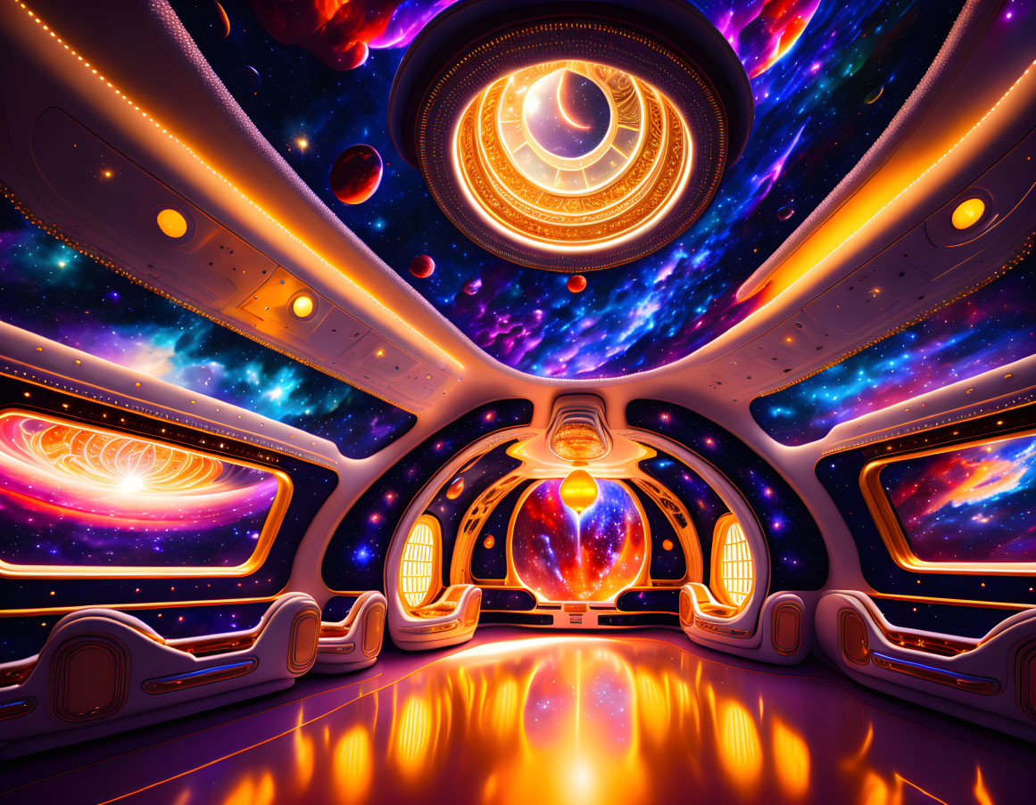 Colorful Cosmic Vista Through Large Windows in Futuristic Spaceship