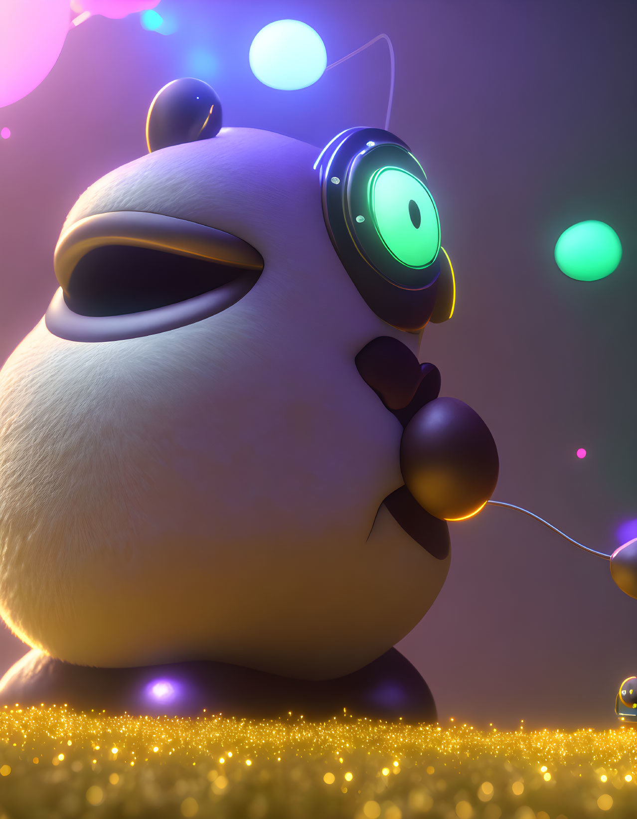 3D-rendered Jigglypuff in headphones with glowing orbs and sparkles