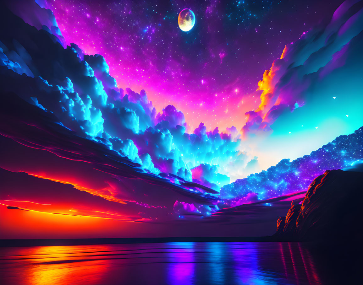 Colorful coastal night scene with moon, stars, and water reflections