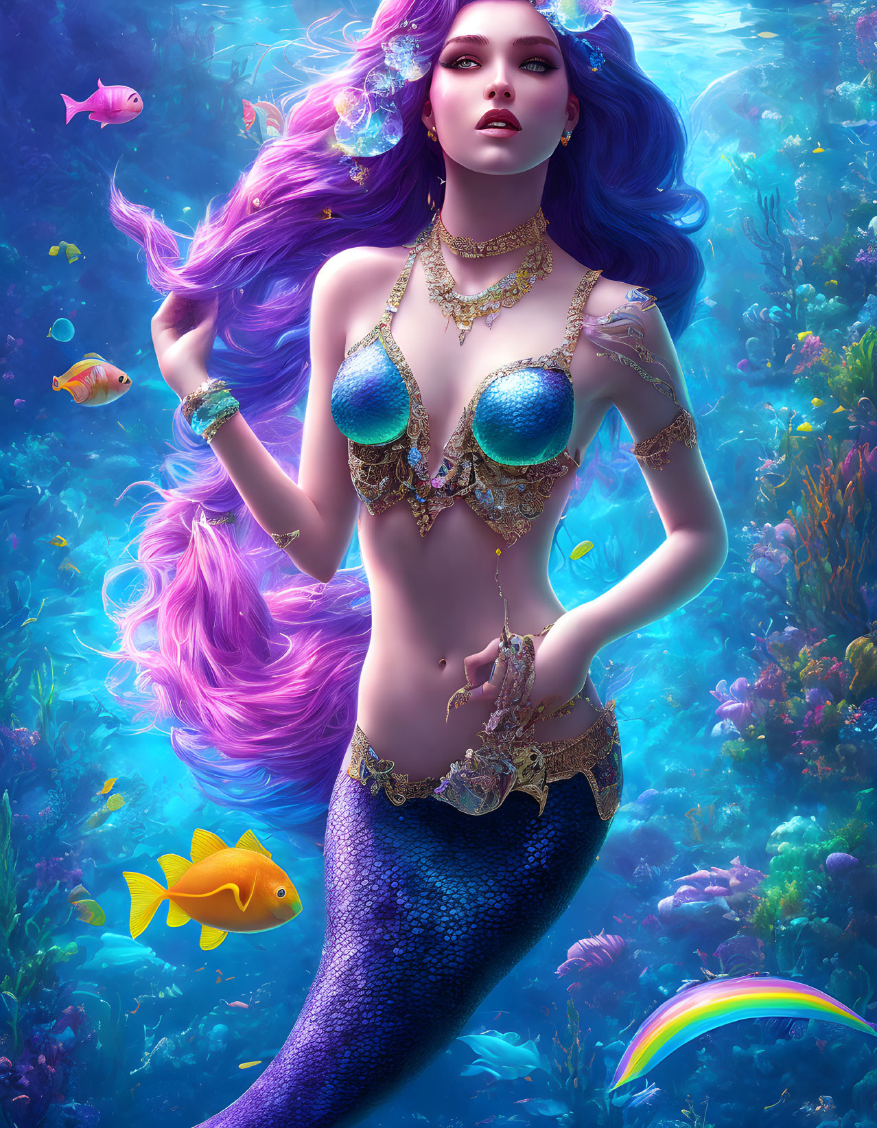 Vibrant Purple-Haired Mermaid with Blue Tail and Golden Jewelry Among Colorful Underwater Scene