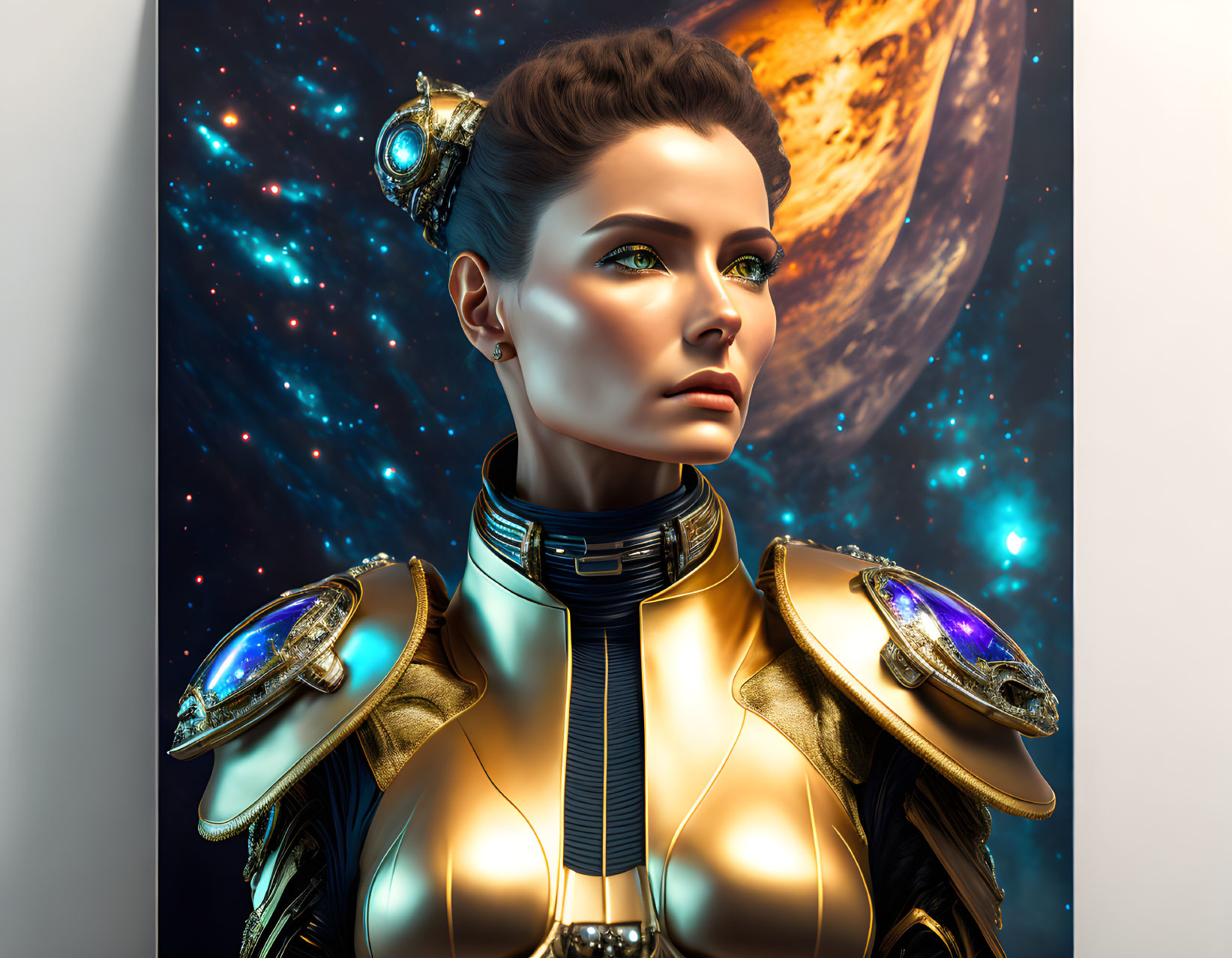 Futuristic digital artwork of woman in golden armor with space backdrop