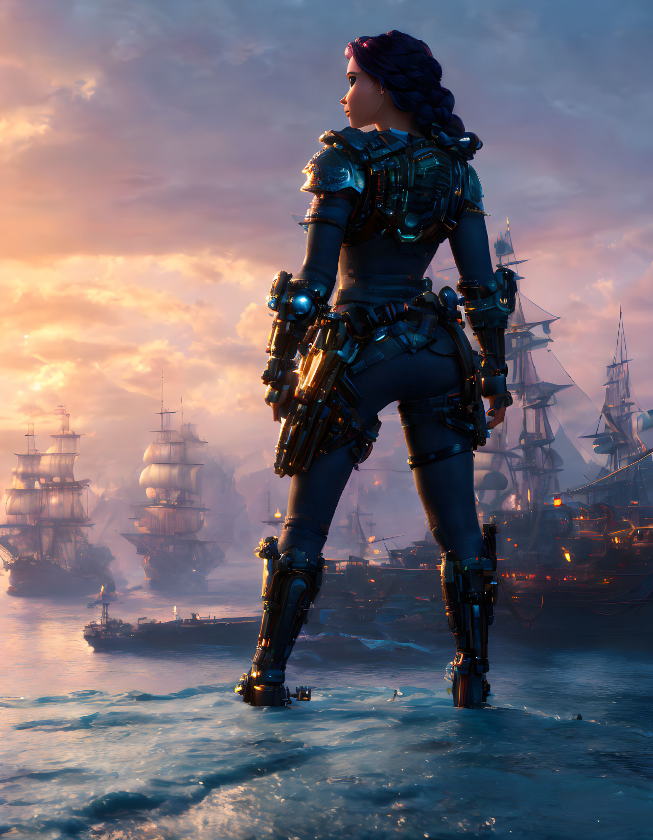 Futuristic female character with mechanical arm at harbor with tall ships at sunset