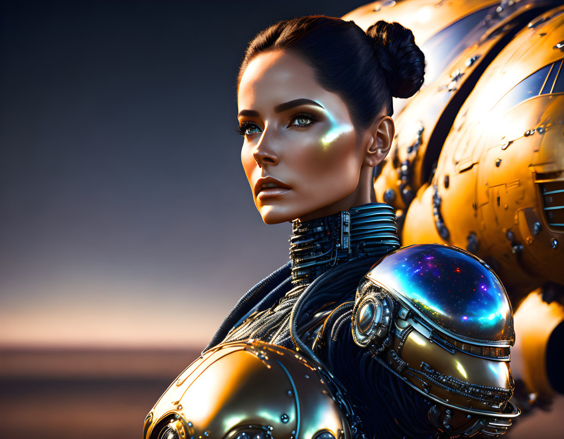 Futuristic female android in black and gold armor with luminous eyes and cosmic helmet.