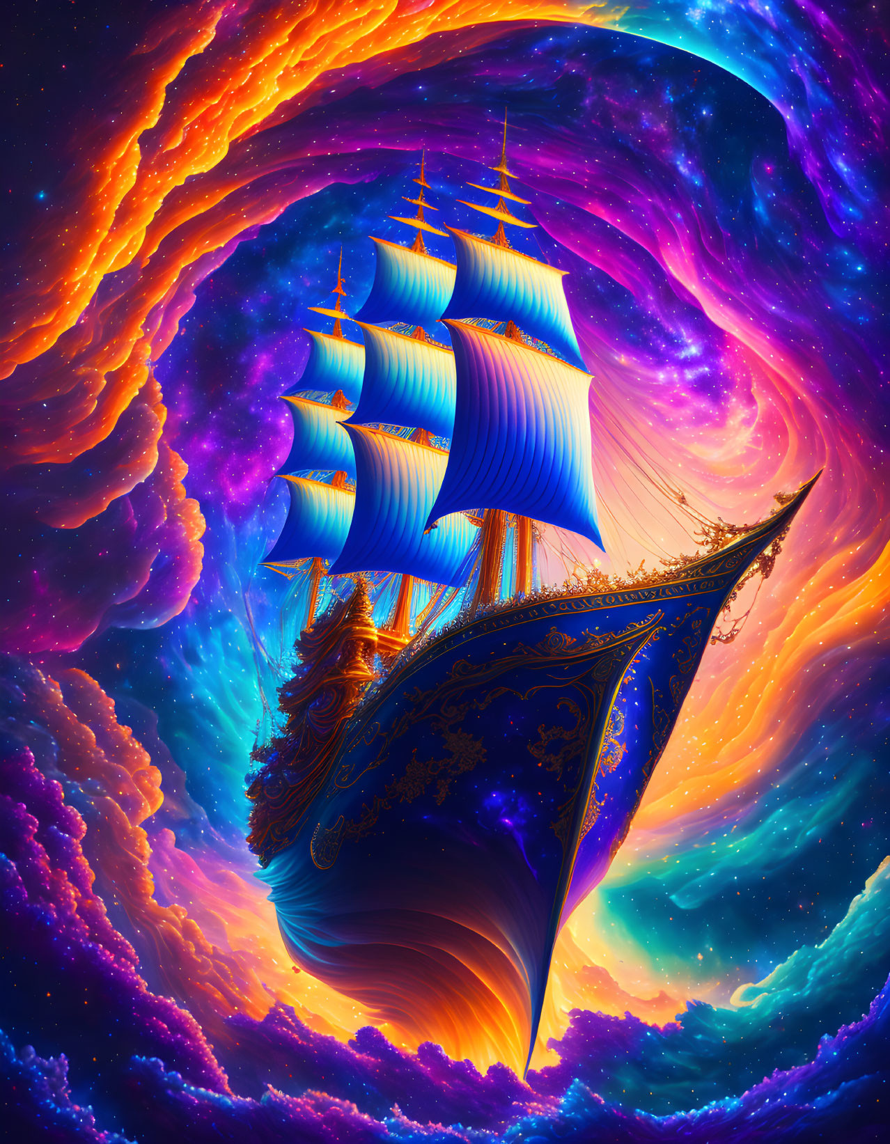 Colorful digital art: grand sailing ship with blue sails on cosmic sea with orange and purple clouds