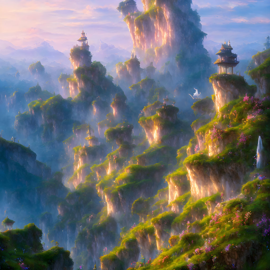 Scenic mountain landscape with pillars, pagodas, waterfalls, greenery, and bird.