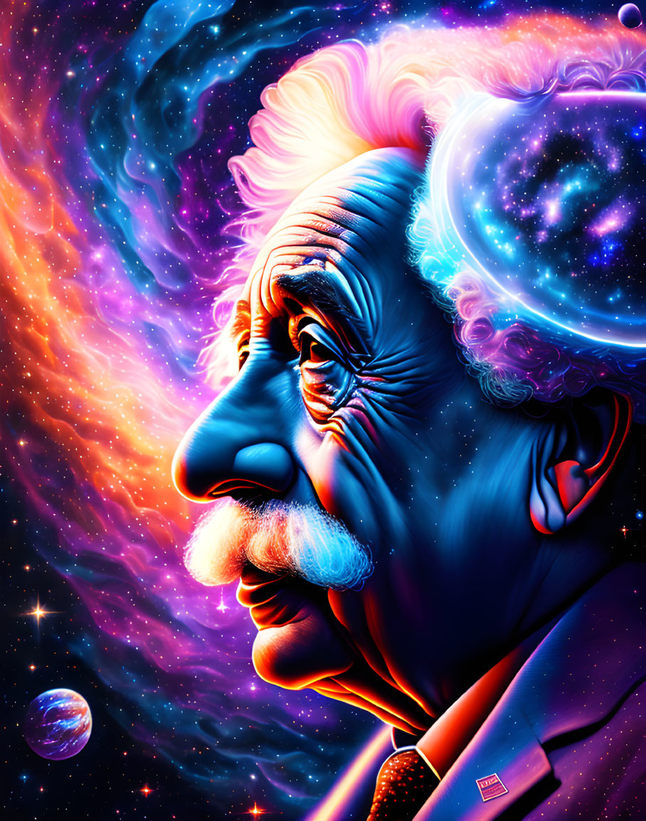 Vibrant illustration of contemplative man with mustache in cosmic setting