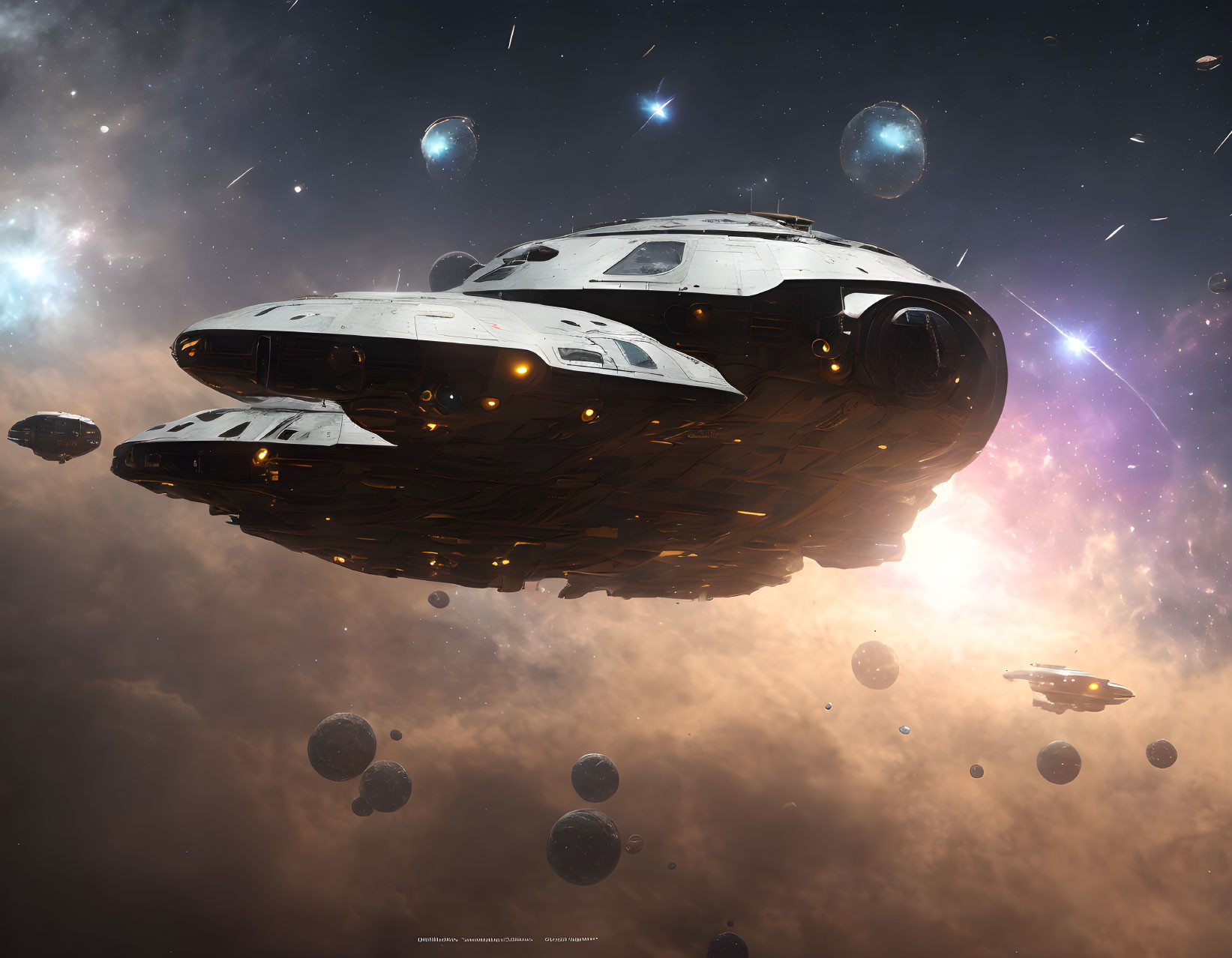 Spaceship surrounded by smaller vessels in cosmic space scene