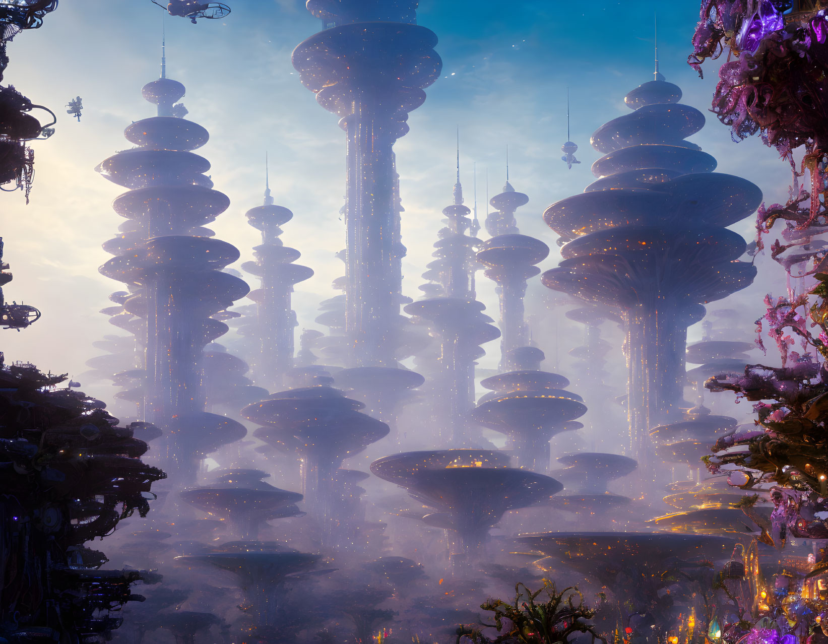 Fantastical landscape with towering mushroom-like structures and hanging gardens.