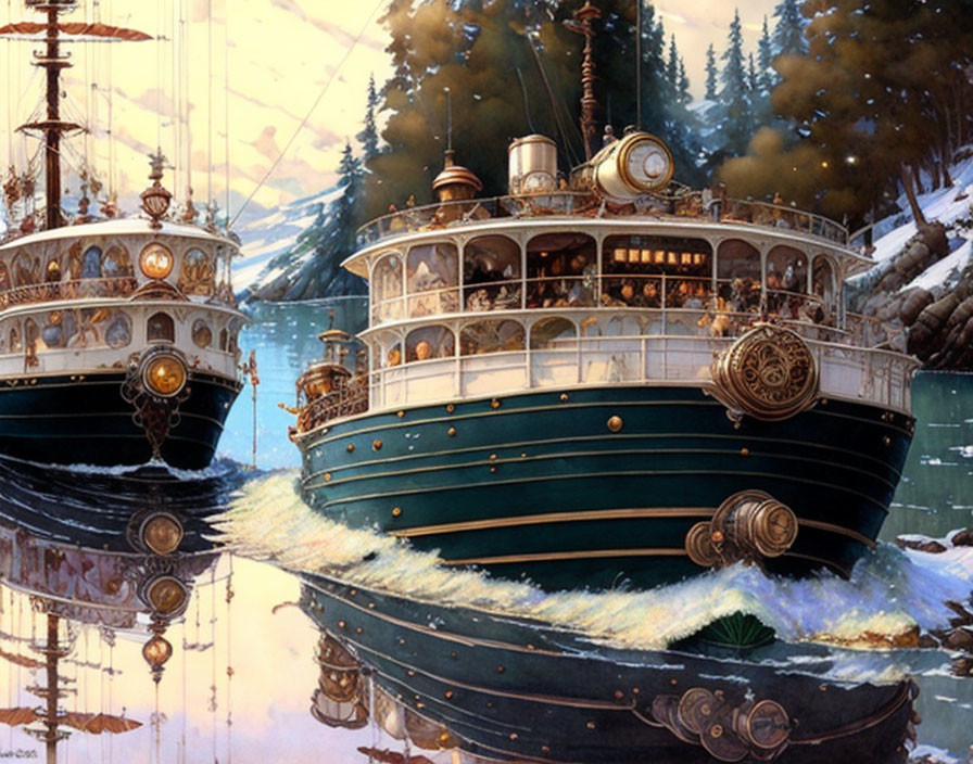 Steampunk-style ships with paddle wheels on calm waters and snowy mountain backdrop