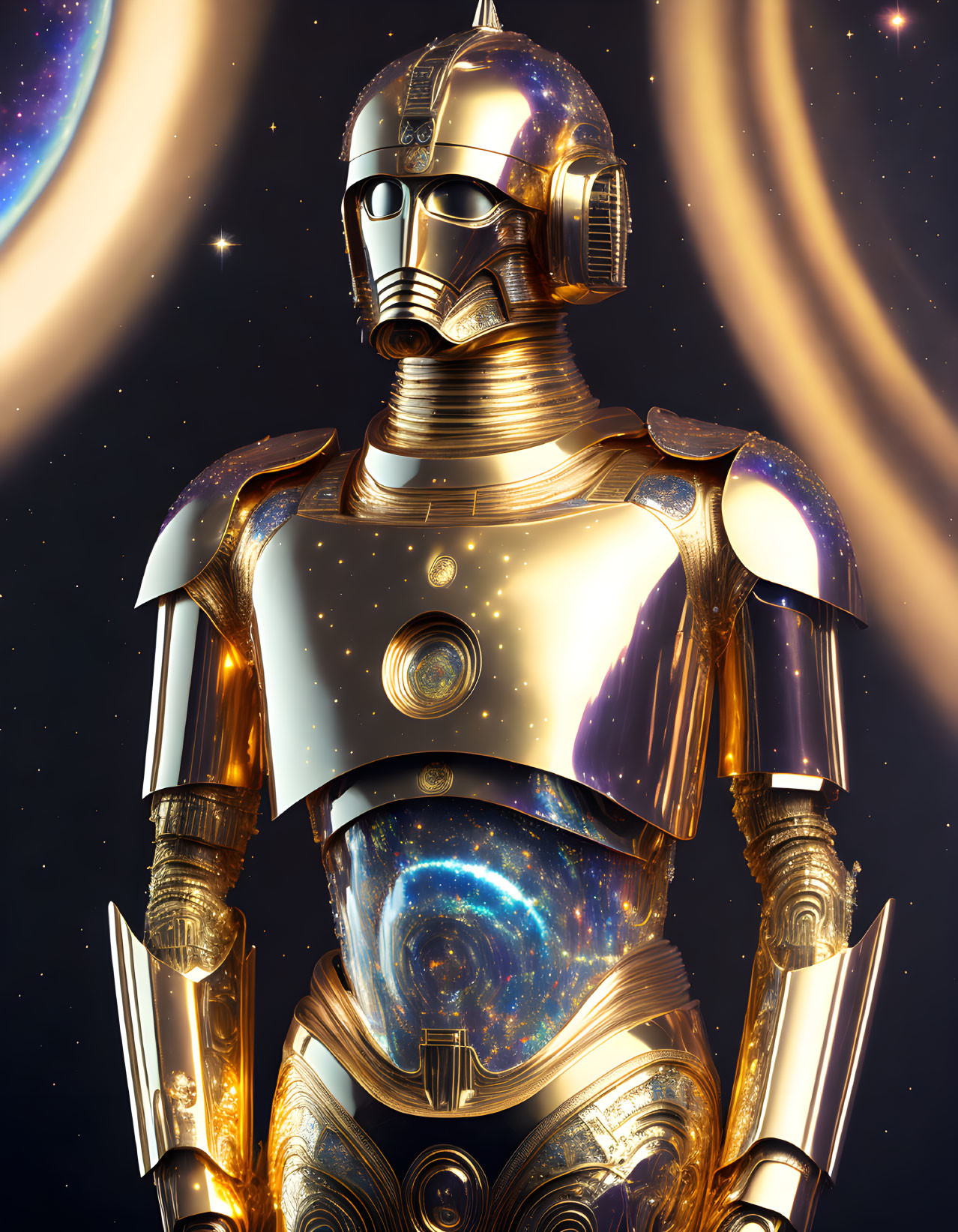 Shiny gold humanoid robot with intricate patterns in cosmic setting