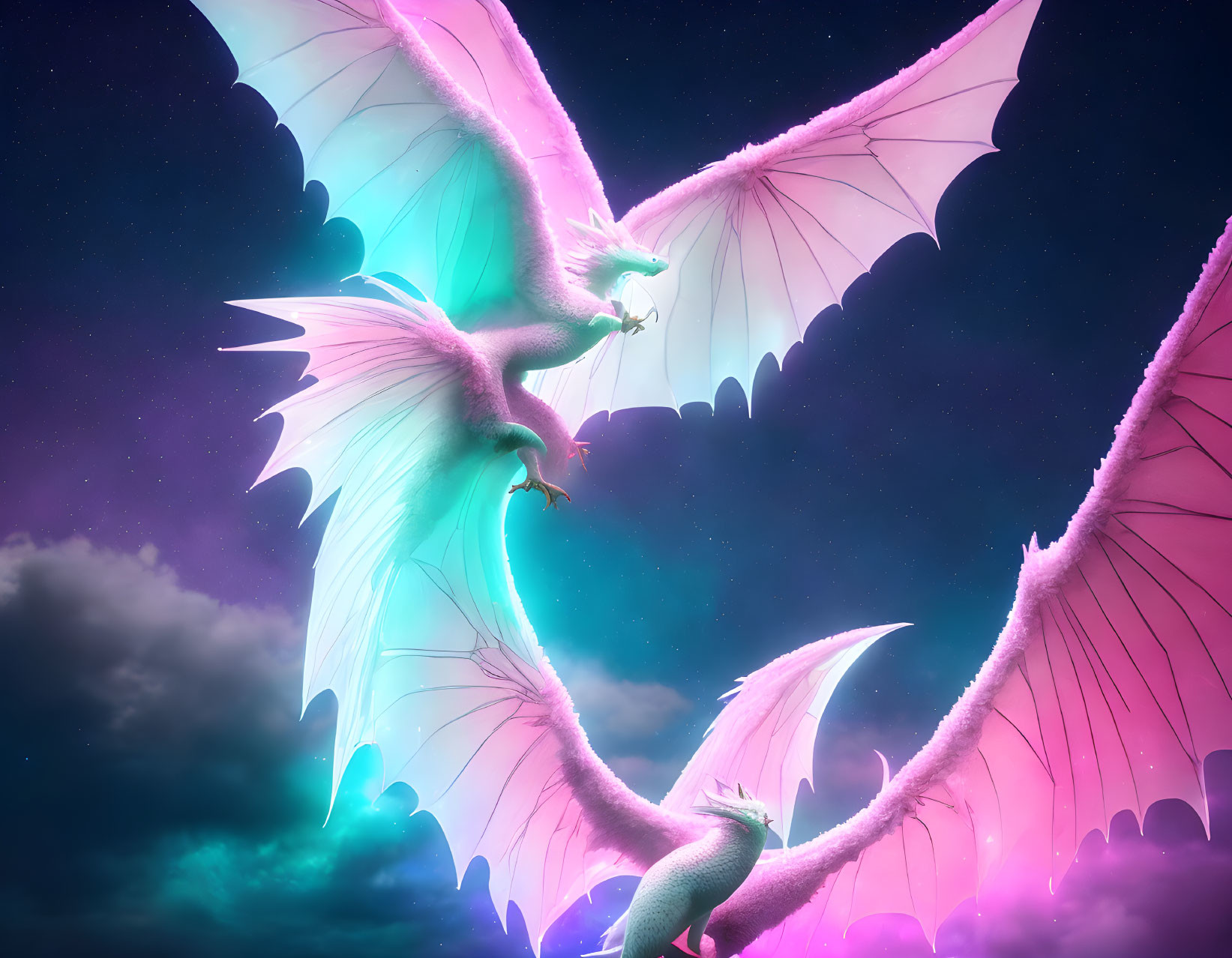 Three majestic dragons with pink and white wings flying in a vibrant twilight sky.