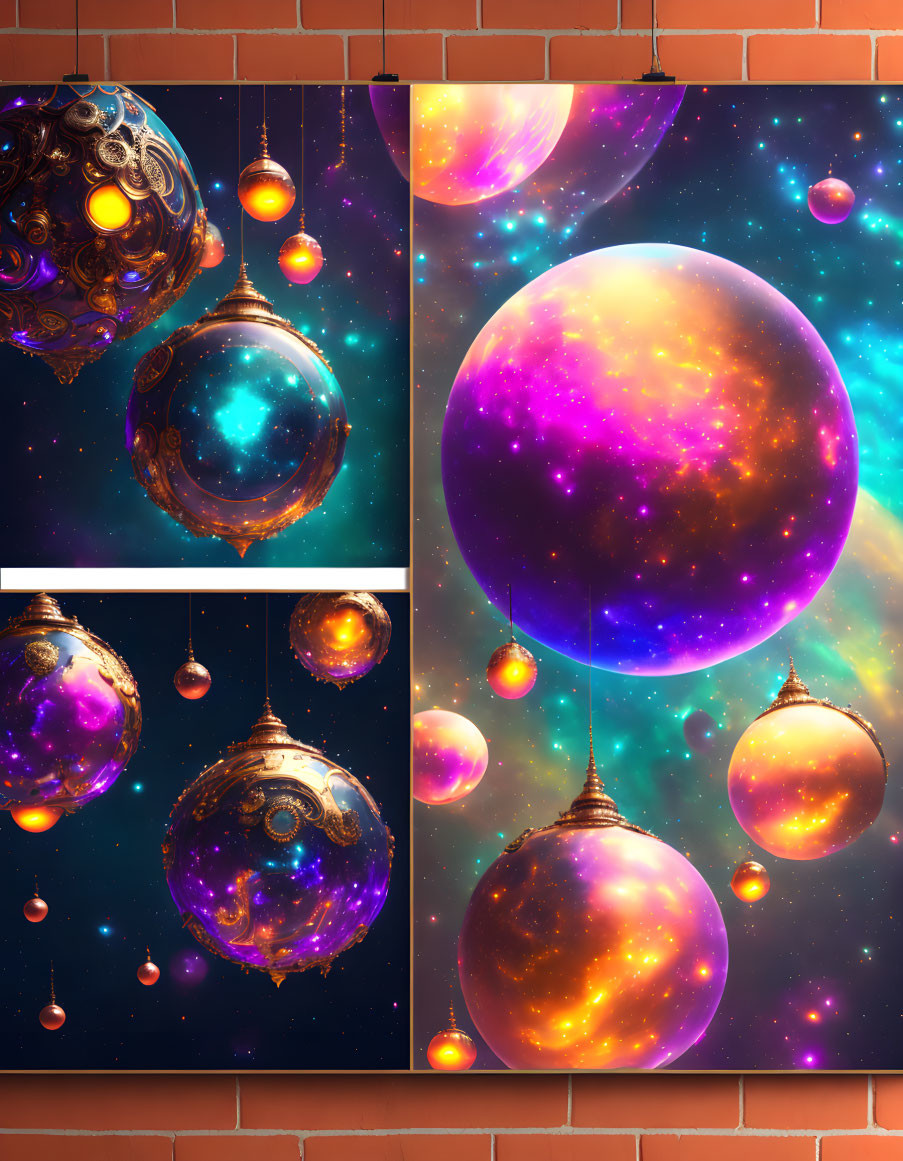 Vibrant cosmic baubles against brick wall backdrop