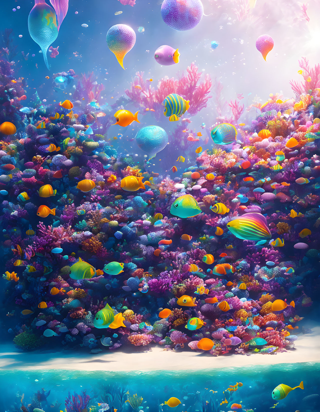 Colorful Underwater Scene with Fish, Jellyfish, and Coral Reef