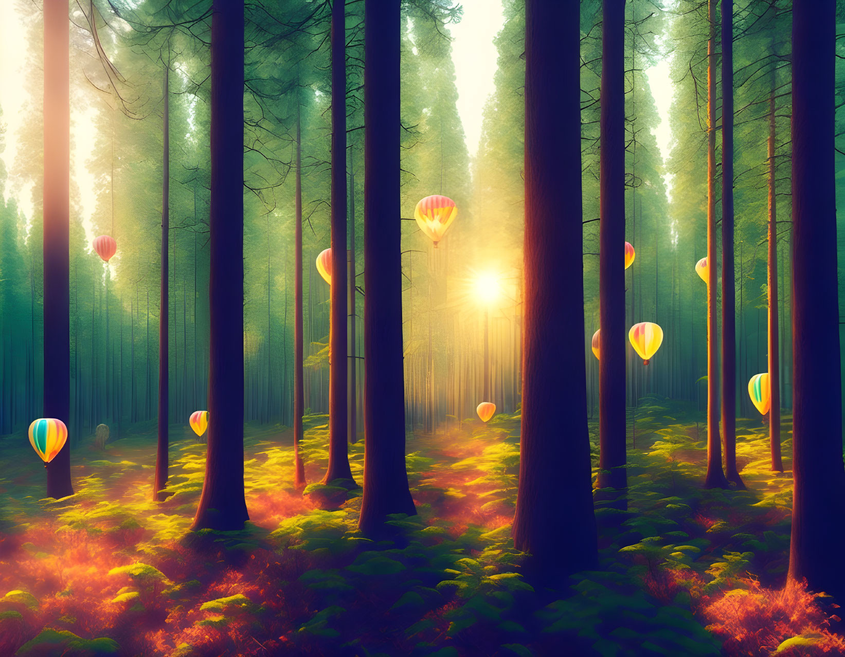 Mystical forest with towering trees and colorful hot air balloons at sunrise