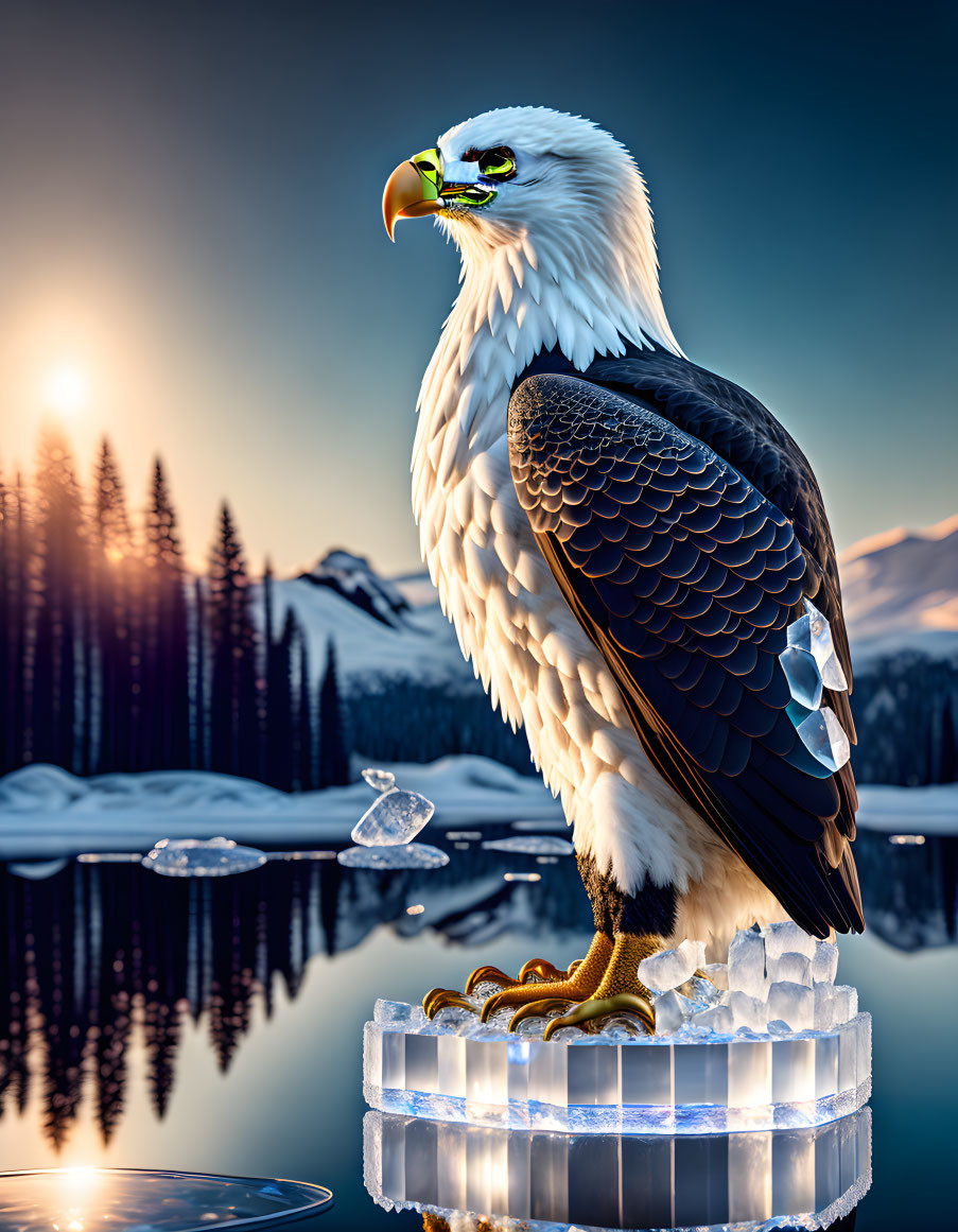 Bald eagle on ice pedestal with snowy forest and mountain backdrop