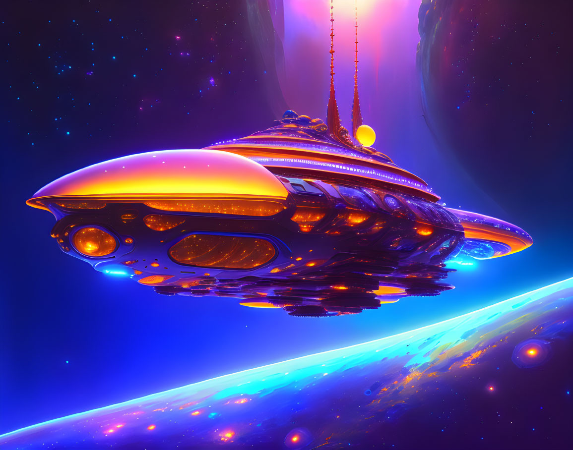 Futuristic spaceship in vibrant oranges and blues against starry space