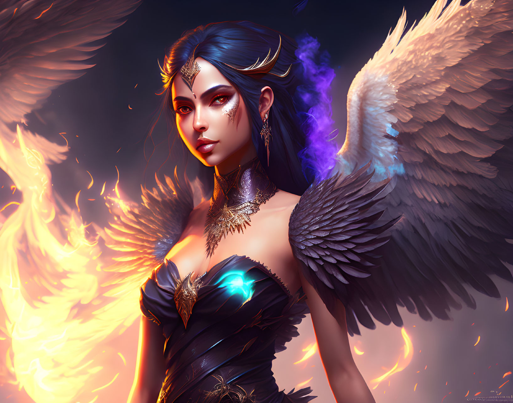 Digital Artwork: Mythical Woman with Fiery Wings and Serene Gaze