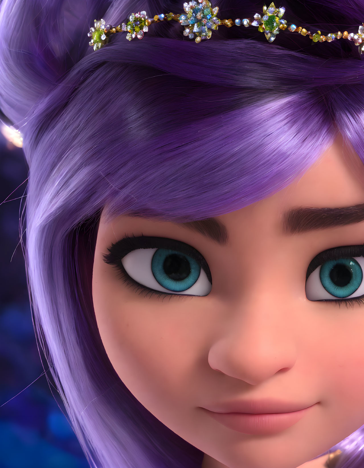 Vibrant purple hair, bejeweled headband, and blue eyes on 3D