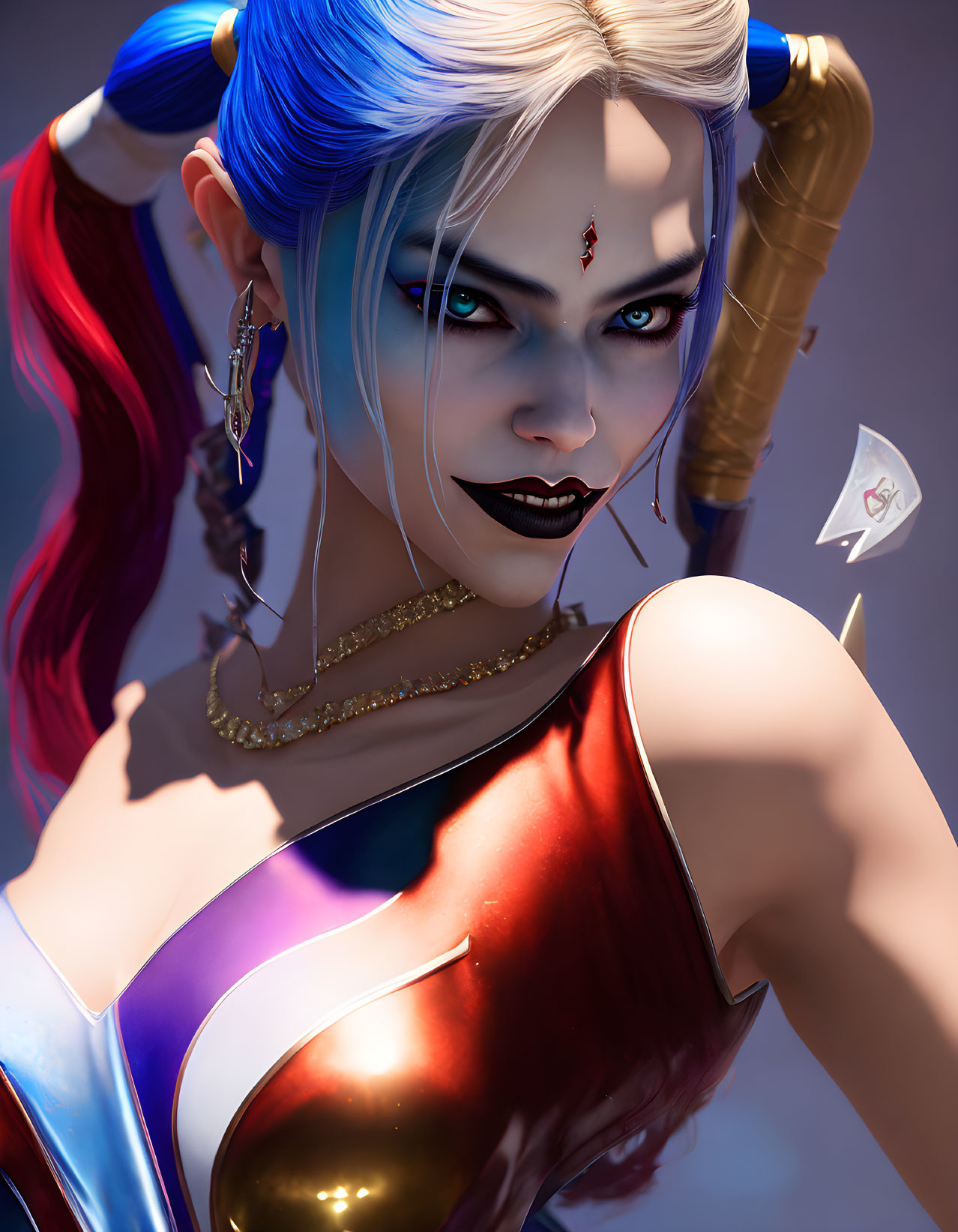 Female character digital art portrait with blue and red pigtails and a mischievous smirk holding a