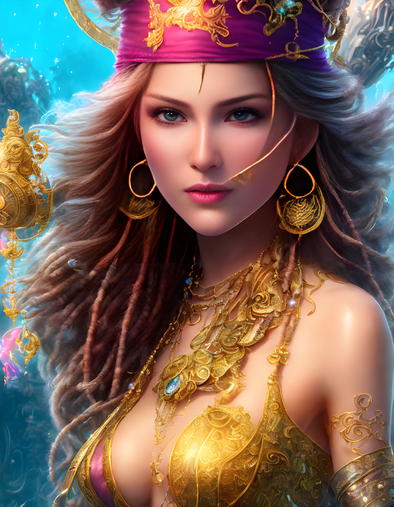 Fantasy queen with golden armor, intricate jewelry, and mystical blue background