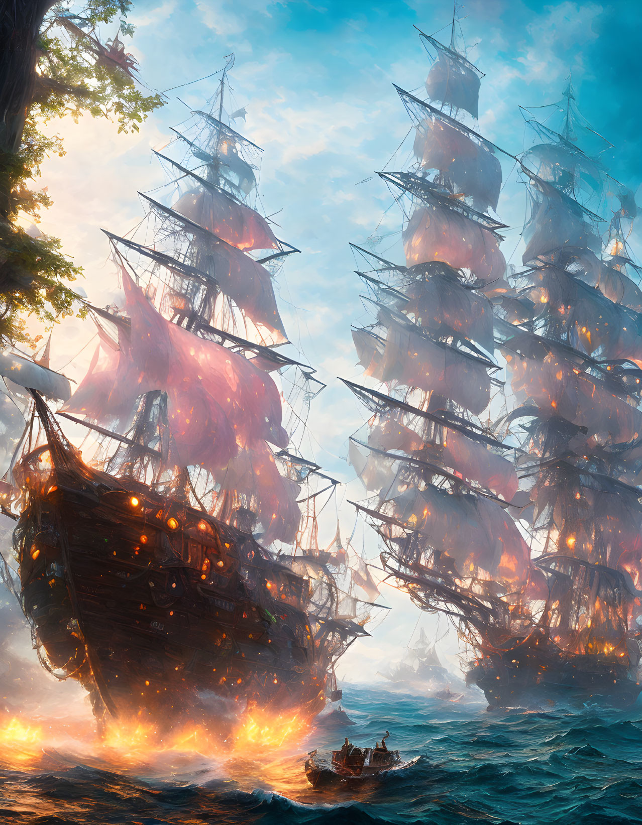 Tall ships in epic sea battle with illuminated sails, flames, smoke, and dramatic sunset sky.