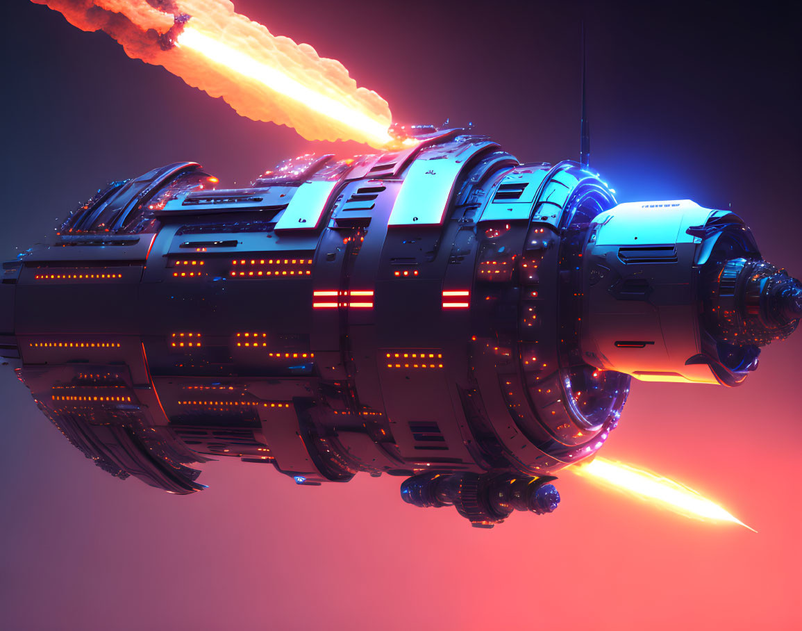 Futuristic spaceship firing missile in pink and purple space