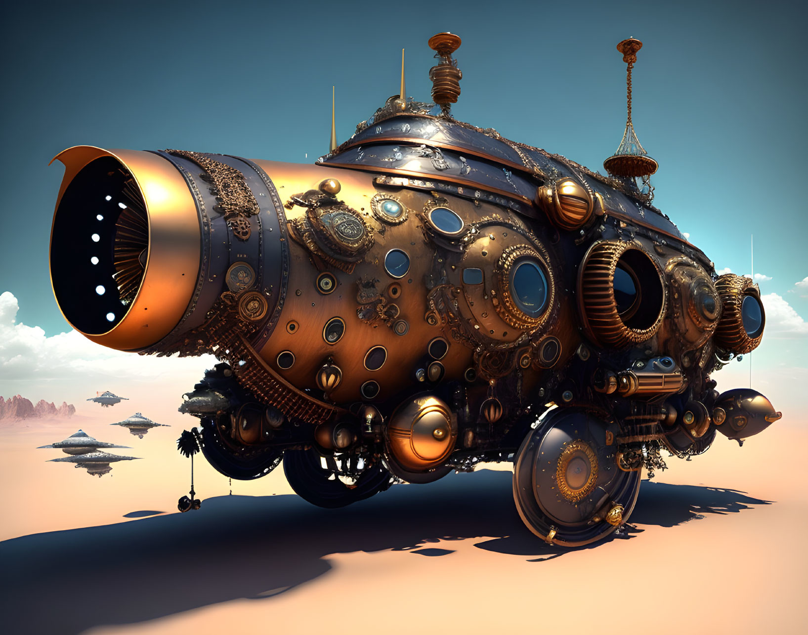 Steampunk-style airship with brass and copper tones above desert landscape