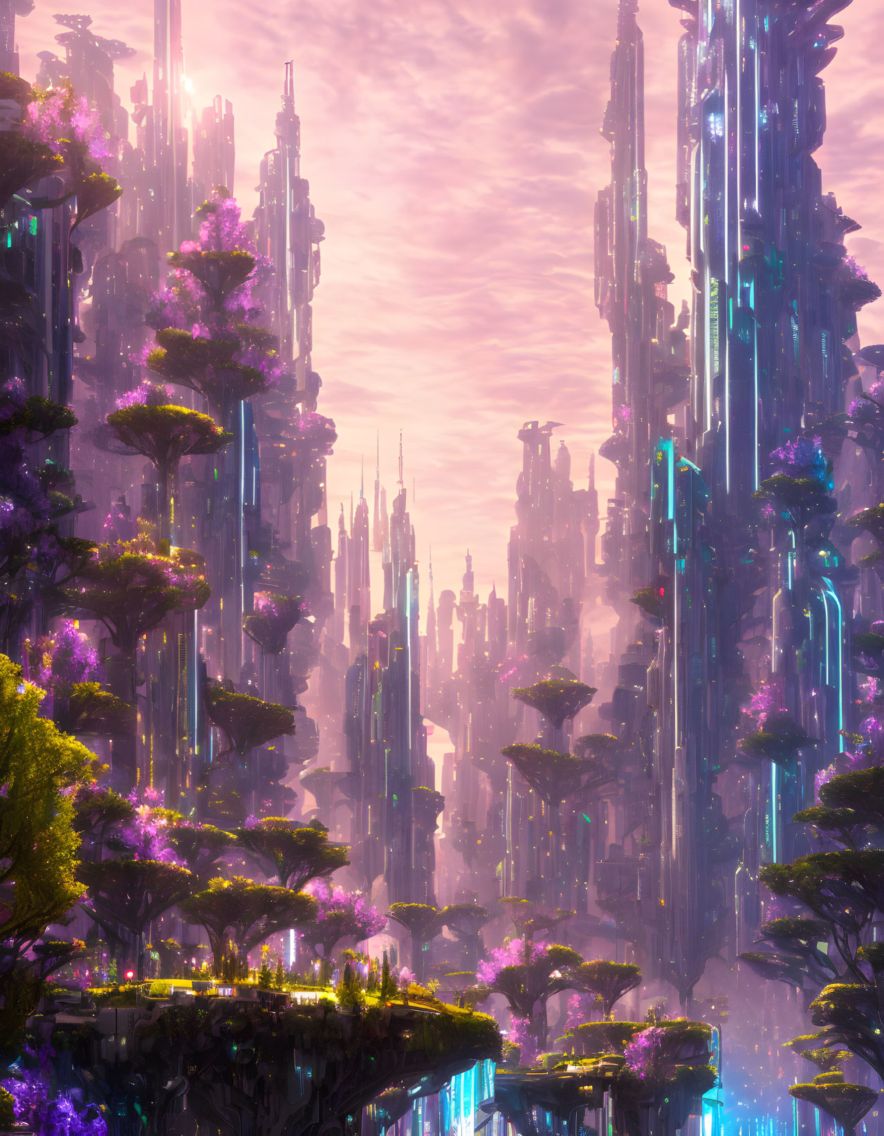 Futuristic cityscape with crystalline towers under pink skies