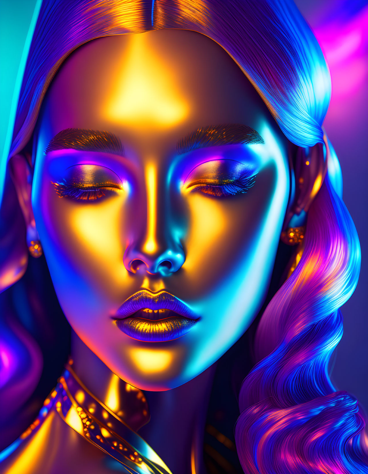 Vibrant digital portrait of woman with golden skin and blue eyes