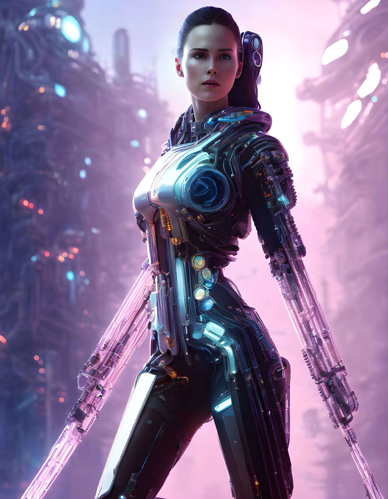 Futuristic female android in glowing circuit pattern suit against complex machinery.