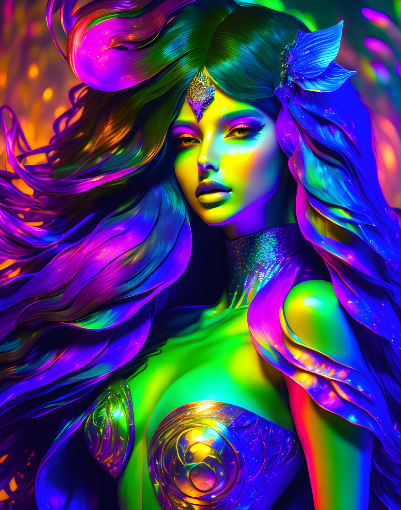 Fantasy Female Figure with Multicolored Hair and Green Skin surrounded by Warm Aura