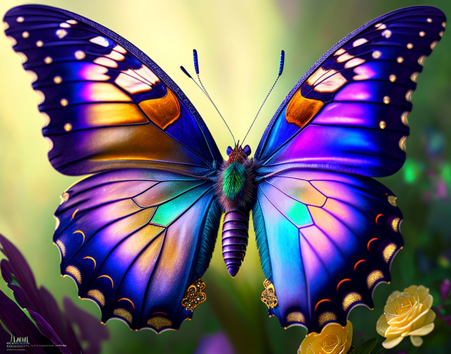 Colorful Butterfly with Purple and Blue Wings on Orange Flora