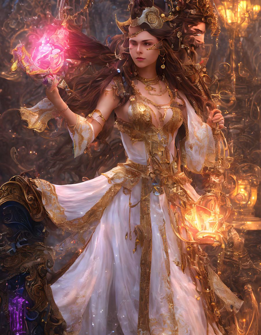 Luxurious white and gold dress with glowing pink orb in fantasy setting