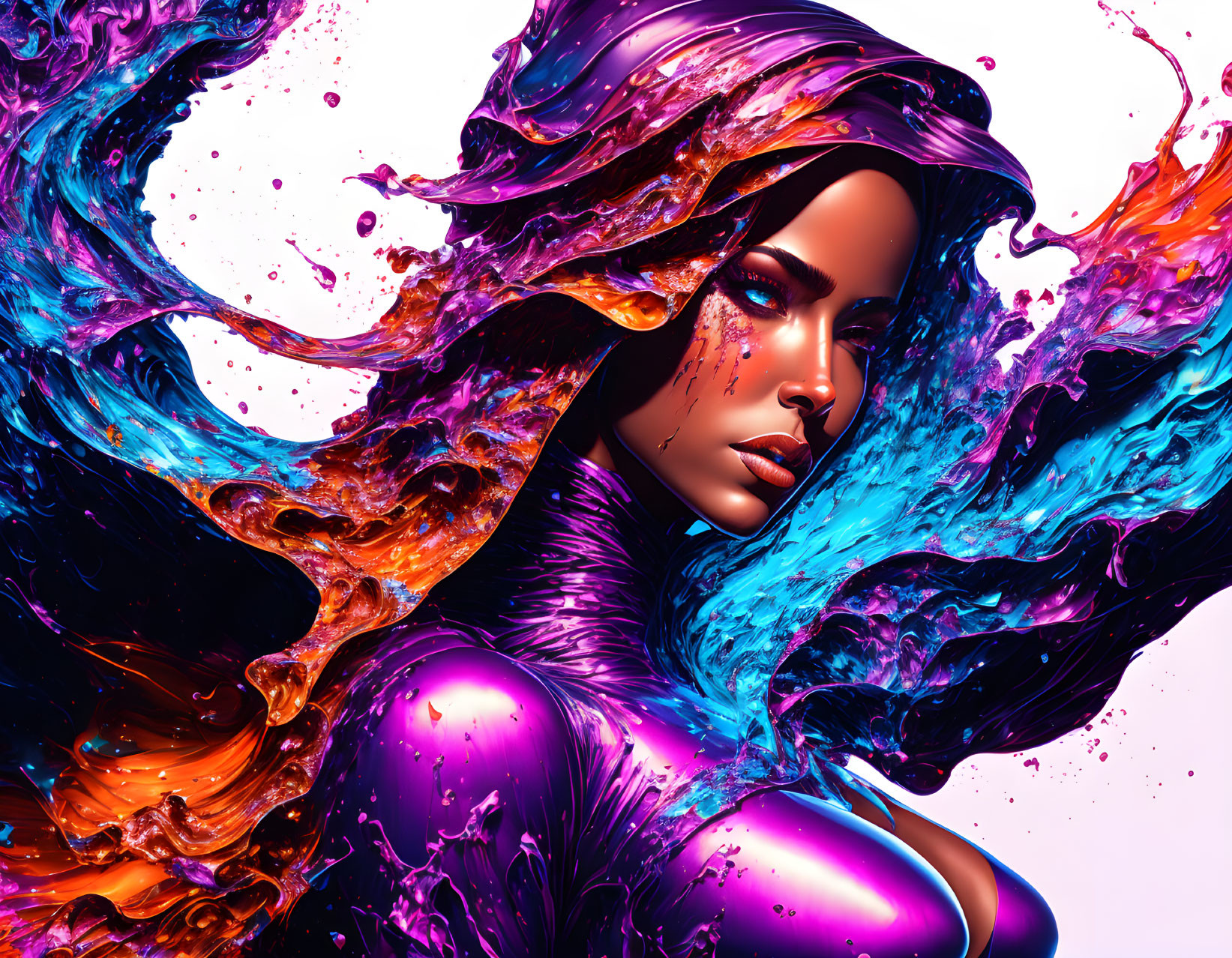 Vibrant digital artwork: Woman with swirling purple and blue liquid hair, glossy metallic skin