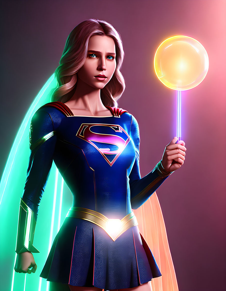 Stylized digital artwork of superheroine with glowing sphere and cape