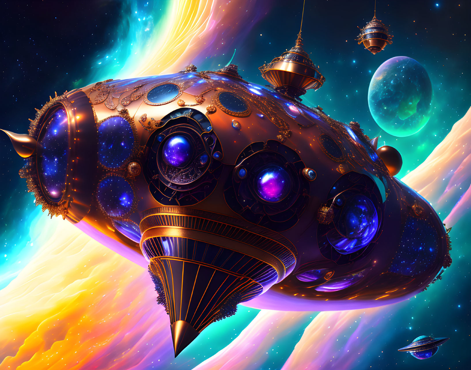 Colorful Ornate Steampunk Spaceship Soars Through Vibrant Space Scene