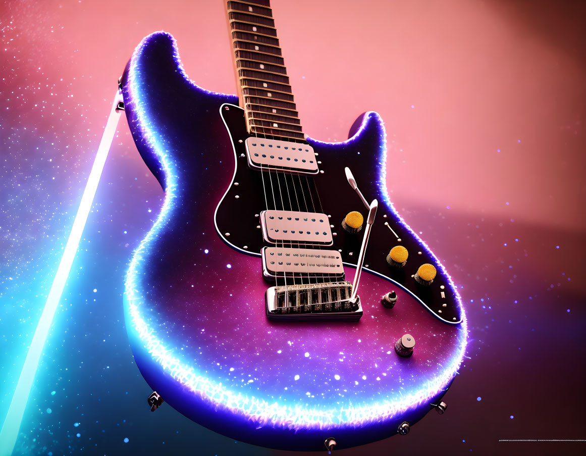 Blue and Purple Sparkle Electric Guitar with Three Pickups on Gradient Pink Background