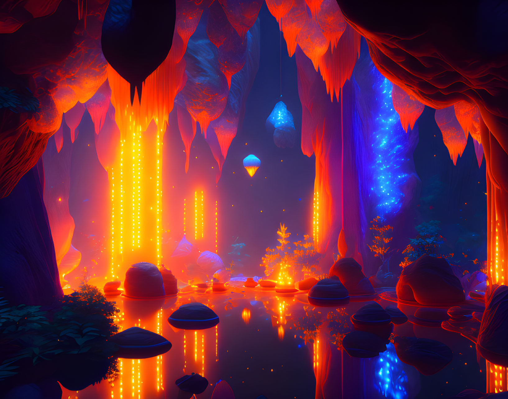 Digital art of mystical cave with glowing lava falls and luminous plants