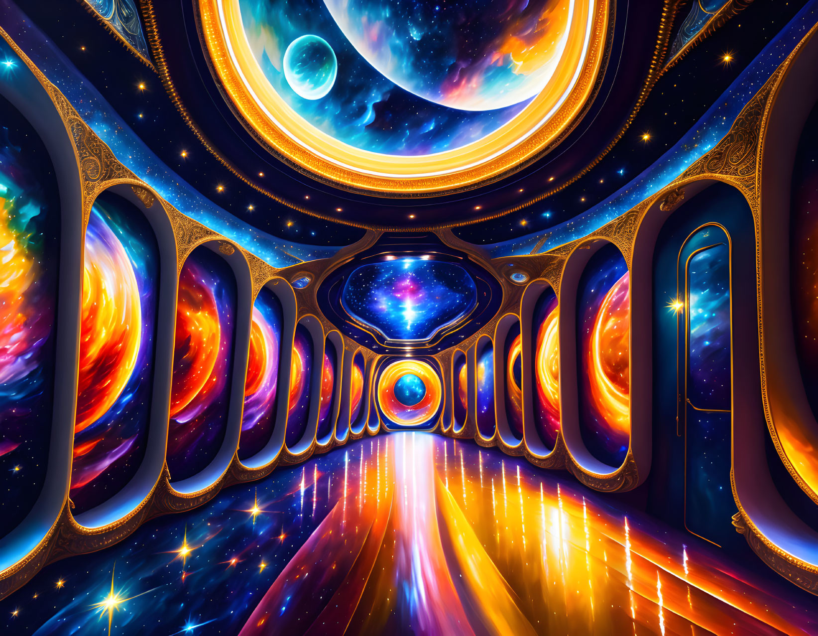 Surreal cosmic corridor with star-filled vistas and luminous vanishing point