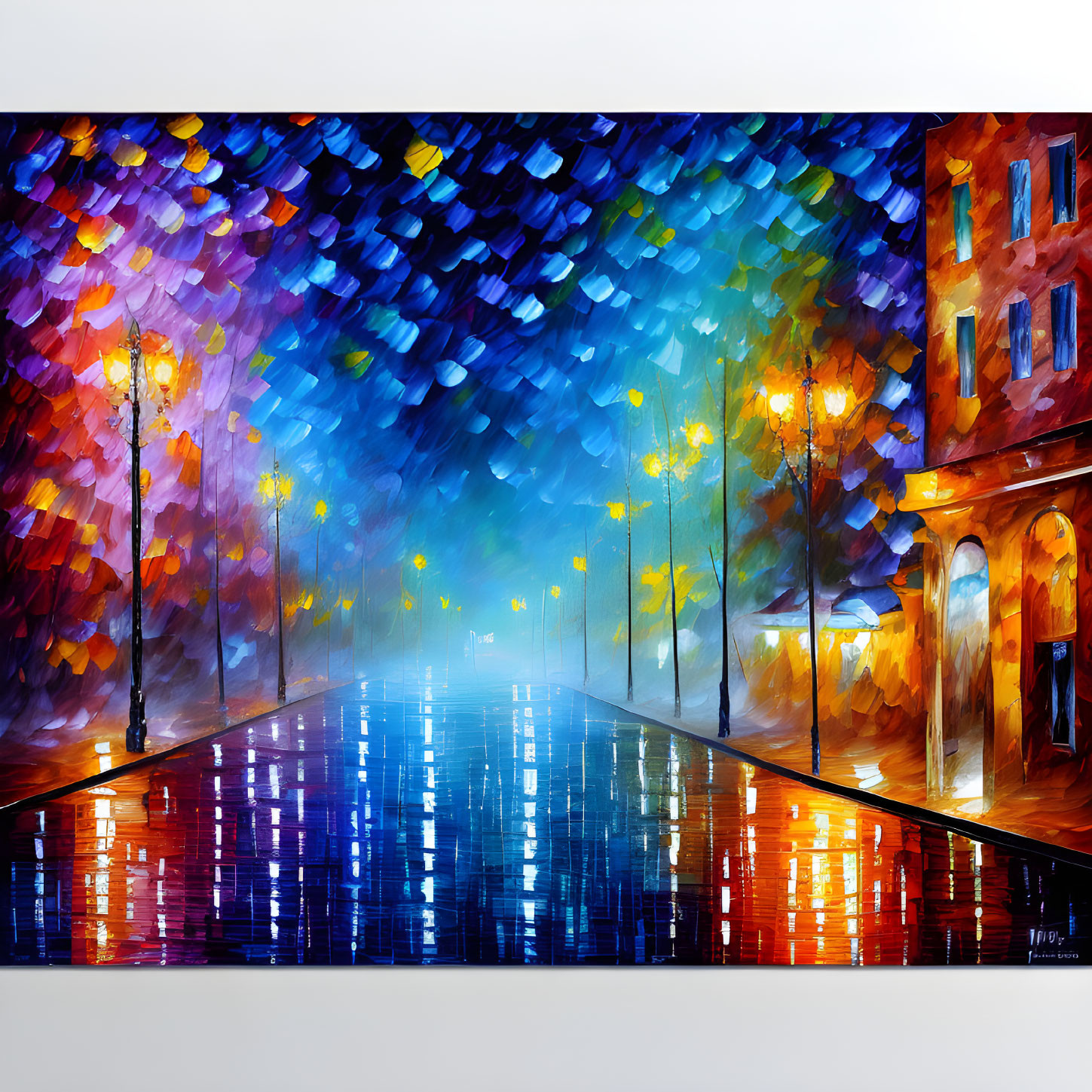 Impressionist painting of rain-soaked street with glowing streetlamps