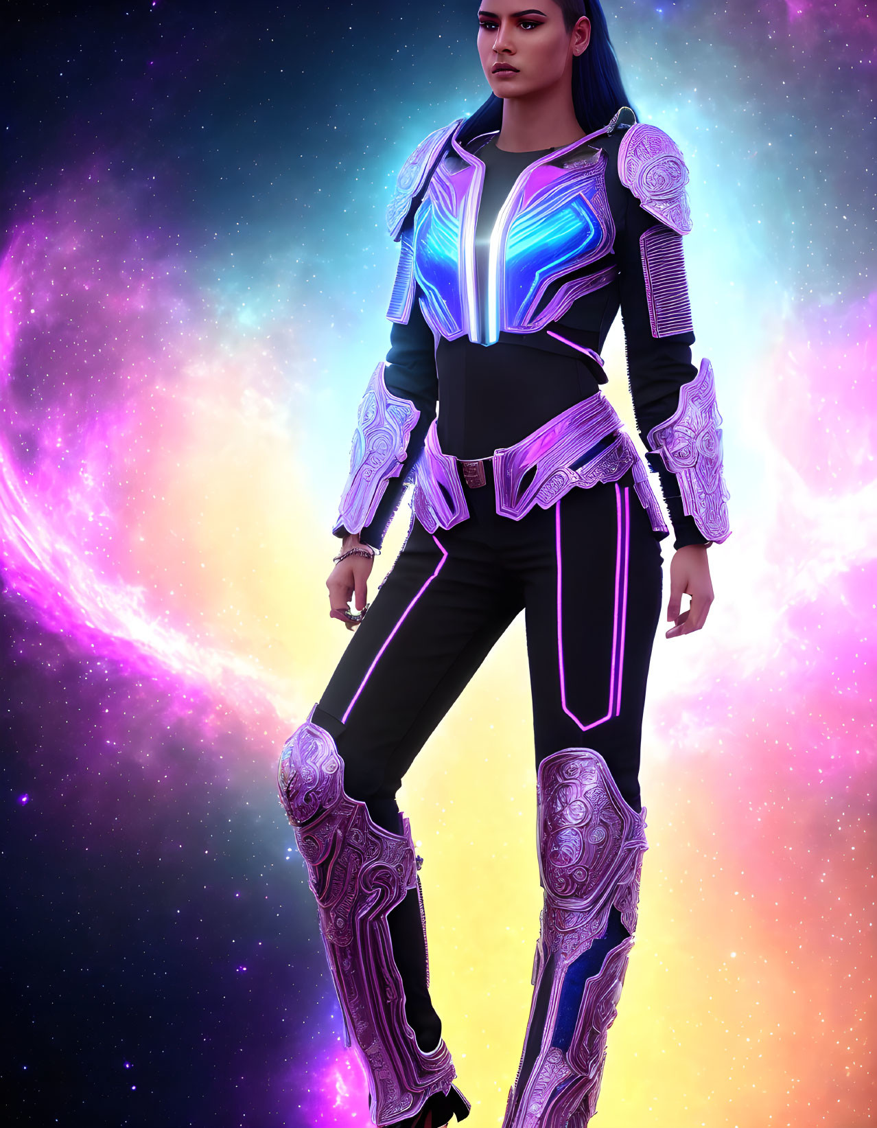 Futuristic woman in cybernetic suit on vibrant cosmic backdrop