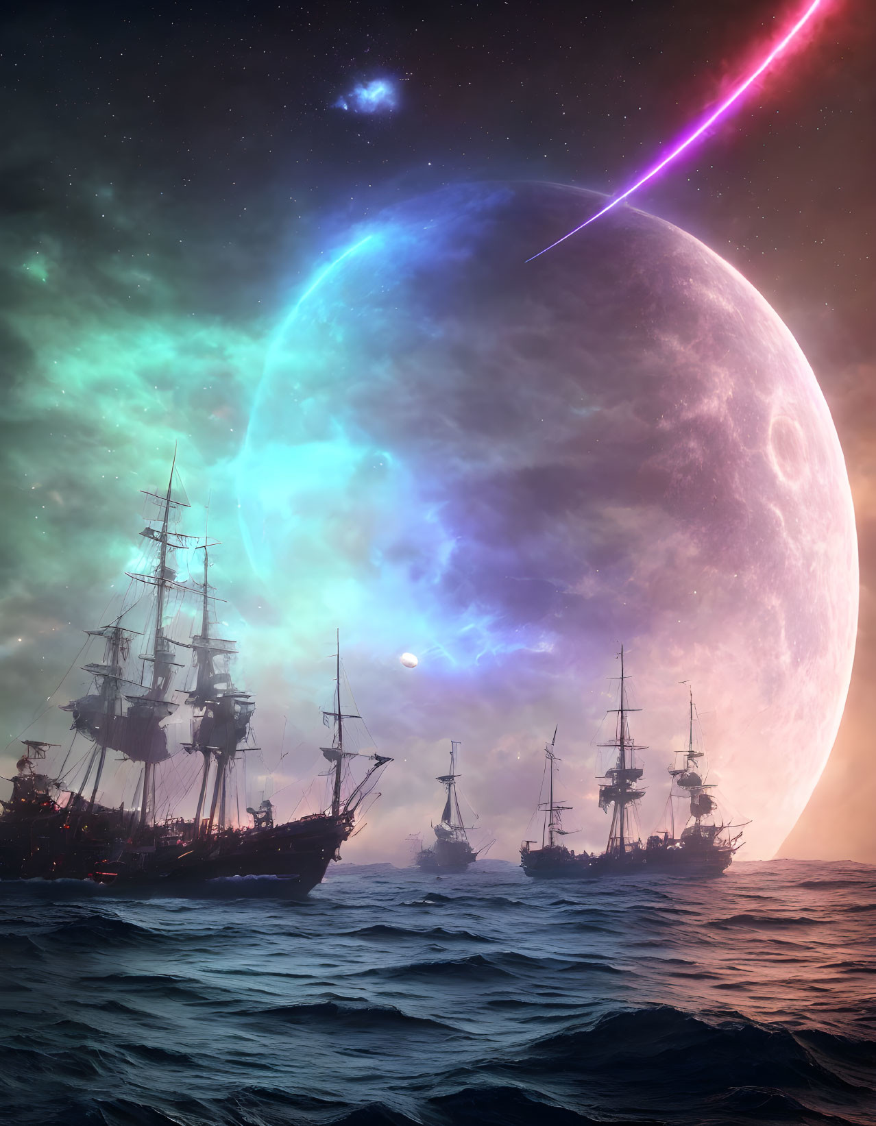 Surreal night seascape with sailing ships and celestial phenomena