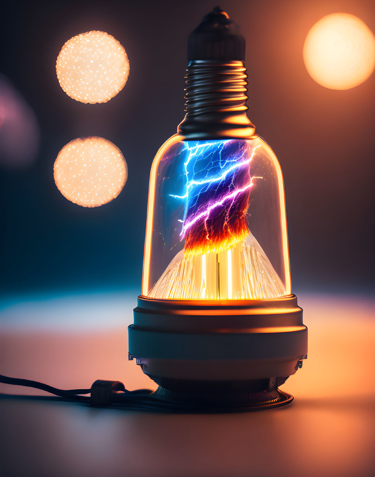 Simulated lightning effect bulb on warm bokeh background